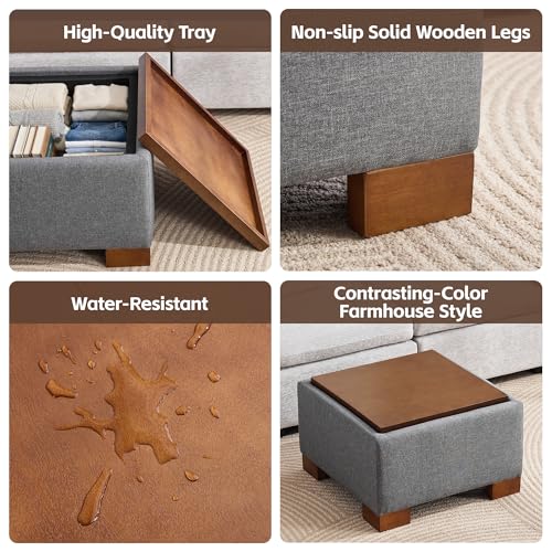 WUTUTUEE 24" Square Ottoman Coffee Table with Storage, Fabric Ottomans with Tray and Solid Wood Legs for Living Room, Bedroom and Apartments, Small Modern Ottoman Tea Table with Lift-Off Lid, Grey - color: 24'' Grey Fabric