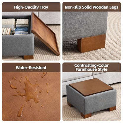 WUTUTUEE 24" Square Ottoman Coffee Table with Storage, Fabric Ottomans with Tray and Solid Wood Legs for Living Room, Bedroom and Apartments, Small Modern Ottoman Tea Table with Lift-Off Lid, Grey - color: 24'' Grey Fabric
