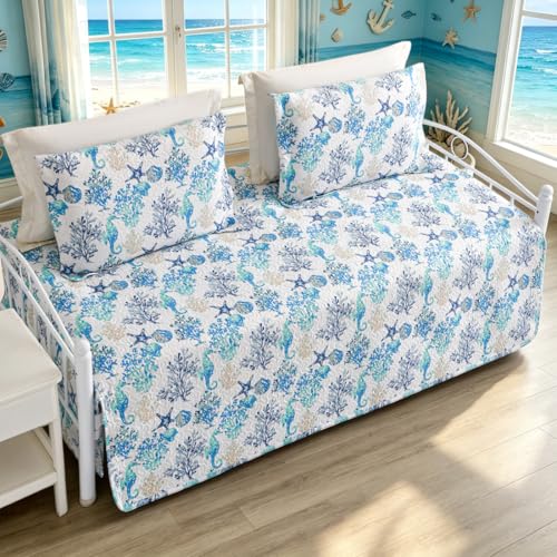 Jarson 3 Piece Beach Daybed Cover Set Twin Size Coastal Quilted Daybed Bedding Sets Double Side Cozy Ocean Sofa Daybed Cover with 2 Shams - color: Starfish Seahorse