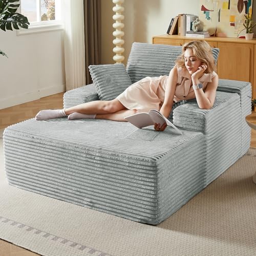 49.2" Oversized Chaise Lounge Chair Indoor, Modern Upholstered Deep Seat Sofa Bed, Sleeper Couch Reading Chairs, Comfy Corduroy Cloud Sofas Couches for Living Room, No Assembly, Grey - color: Grey, size: 49"