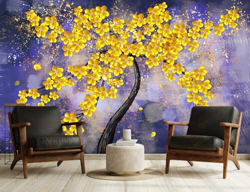 Yellow Flower Tree Wall Mural Purple Background Wallpaper | 151"x96", for Bedroom Living Room Bathroom, Textured Fabric, Not Peel and Stick - color: Mural 02, size: 151" x 96"