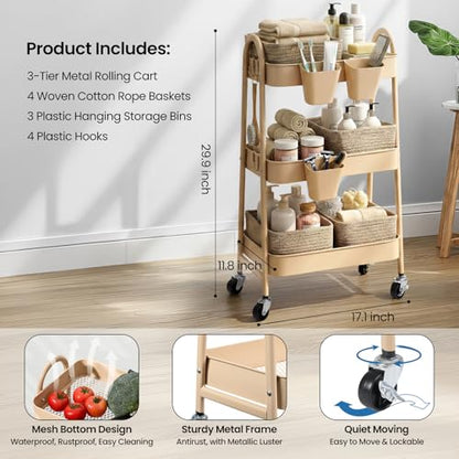 3-Tier Rolling Utility Cart with 4 Woven Baskets, Diaper Book Snack Cart, Storage Organizer for Nursery, Kitchen, Craft Room, Home SPA, Living Room, Metal Frame Trolley on Lockable Wheels, Brown - color: Brown