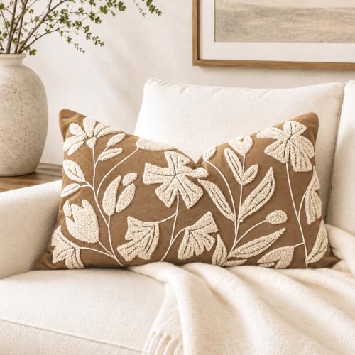 12x20 Lumbar Pillow Cover, Rectangular Brown Decorative Throw Pillowcase for Couch Sofa, Embroidered Velvet Farmhouse Accent Cushion (Cover Only) - color: Warm Brown, size: 20" x 12" (Pack of 1)