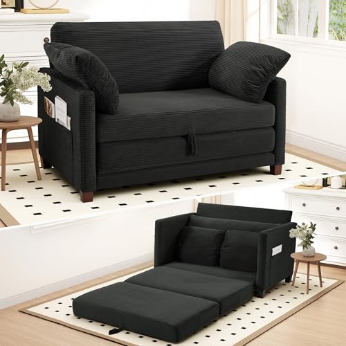 Myroyalsit 51" Convertible Loveseat Sofa Bed, 2-in-1 Folding Sofa Bed with 2 Pillow for Small Spaces, Modern Loveseat Sleeper Couch for Apartment, Living Room & Guest Room (Black Corduroy, 51 inch) - color: Black, size: 51"