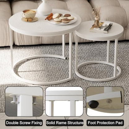 Nesting Coffee Table, 23.6" Round Coffee Table Set of 2, Wooden Nesting Table Set with Metal Frame, Side Tables for Living Room Bedroom Balcony, White - color: White