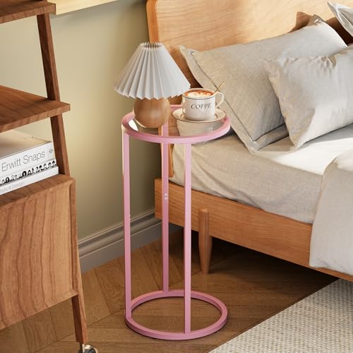 Easy Paws C Table Side End Table, Small Round Couch Sofa Tray Snack Table for Living Room, Bedroom,Accent Coffee Table,TV Tray Table for Small Space, Nightstand with Metal Frame(Pink) - color: Pink
