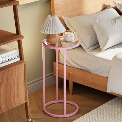 Easy Paws C Table Side End Table, Small Round Couch Sofa Tray Snack Table for Living Room, Bedroom,Accent Coffee Table,TV Tray Table for Small Space, Nightstand with Metal Frame(Pink) - color: Pink