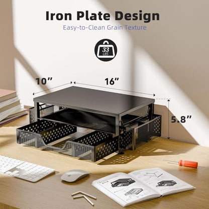 Simple Trending 2-Tier Monitor Stand Riser, Desk Organizer, Drawer, Black | Laptop & Printer Stand, Desktop Organizer, Drawer & 2 Pen Holders, Sturdy Material, for Home Office, 16"W x 10"D x 5.8"H - size: 16"W x 10"D x 5.8"H