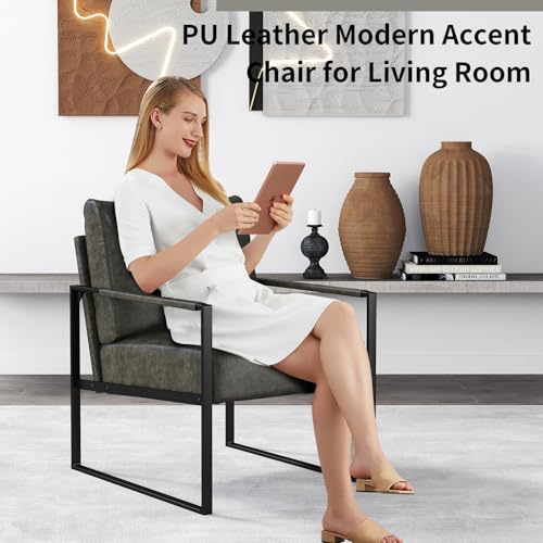 Mid Century Modern Accent Chair, PU Leather Armchair with Metal Frame,Comfy Single Reading Chair with Soft Padded Backrest and Cushion for Living Room, Bedroom,Reading Room,Office,Dark Grey - color: Dark Grey