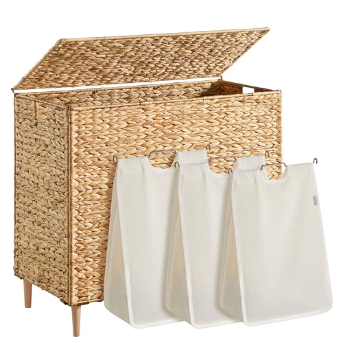 SONGMICS Laundry Hamper 3 Sections, 47.5 Gal. (180 L) Handwoven Water Hyacinth Wicker Laundry Basket with Lid, Natural Material, Removable Machine Washable Liners, Handles, Natural ULCB203Y01 - color: Natural, size: 180 L (Handwoven）