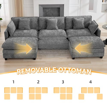 111'' Sectional Cloud Deep Seat Couch, Oversized Chenille U Shaped Sectional Sofa for Living Room Set, Comfy Upholstered Modular 3-Seats Sectional Sofa Couch with 2 Movable Ottoman, Grey - color: Grey, size: 111'' U Shape