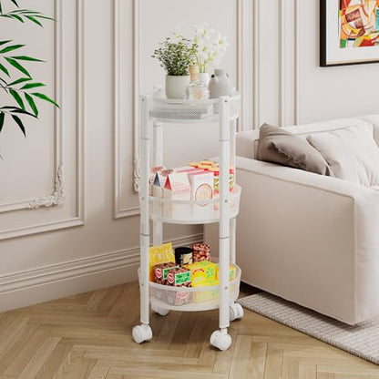 No Assemble 3 Tier Rolling Storage cart, Folding Utility cart with 2 Lockable Wheels, Multifunction Storage Organizer, Perfect for Bathroom, Kitchen, Snack, Craft (White)