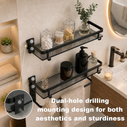 Glass Shelf for Bathroom 15.7 in Black Bathroom Shelves Wall Mounted Tempered Glass Shelving with 4 Removable Hooks (2 Tier) - color: Black