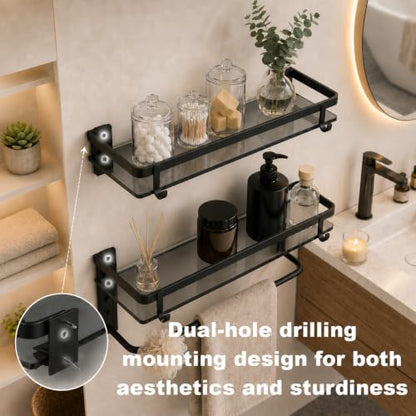 Glass Shelf for Bathroom 15.7 in Black Bathroom Shelves Wall Mounted Tempered Glass Shelving with 4 Removable Hooks (2 Tier) - color: Black