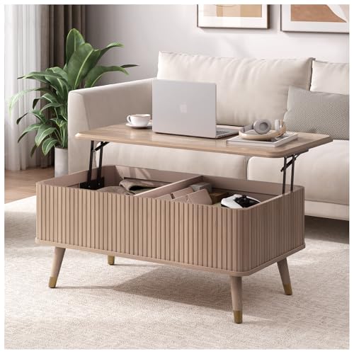 SULIVES Lift Top Coffee Table with Storage,Fluted Coffee Table with Lifting Top,Mid Century Modern Center Table with Solid Wood Legs,Small Coffee Tables for Living Room,Oak - color: Oak_rectangular