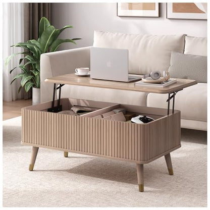SULIVES Lift Top Coffee Table with Storage,Fluted Coffee Table with Lifting Top,Mid Century Modern Center Table with Solid Wood Legs,Small Coffee Tables for Living Room,Oak - color: Oak_rectangular
