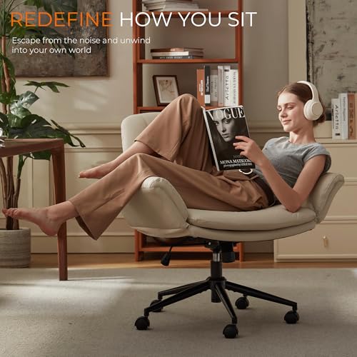 Dowinx Criss Cross Chair with Five-Level Adjustable Arms and Wheels - Comfortable Ergonomic PU Leather Swivel Vanity Chair - Computer Makeup Gaming Chair for Home Office, Bedroom, Vanity Room (Cream) - color: Cream