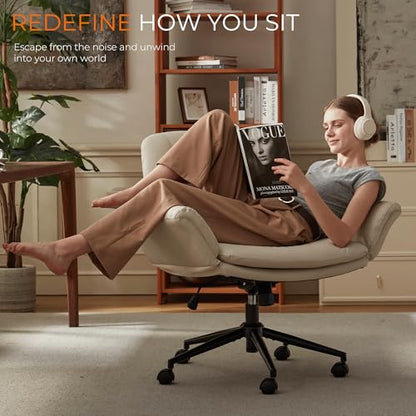 Dowinx Criss Cross Chair with Five-Level Adjustable Arms and Wheels - Comfortable Ergonomic PU Leather Swivel Vanity Chair - Computer Makeup Gaming Chair for Home Office, Bedroom, Vanity Room (Cream) - color: Cream