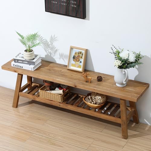 Reclaimed Solid Wood Bench-55 Entryway Bench with Storage Shelf | Farmhouse Narrow Rustic Bench, Hallway, Kitchen, Bedroom, Dining, Indoor - size: 55"
