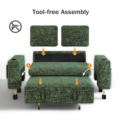 Vipbear 65" Loveseat Sleeper Sofa with Pull Out Bed, Chenille 3-in-1 Convertible Sofa Bed with Reclining Backrest|USB Ports|Cup Holders|Side Table|Storage Armrests, Tool Free Assembly, Green - color: Green