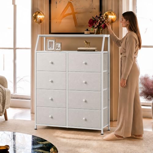 WLIVE Cream Boucle 8-Drawer Fabric Dresser Storage Tower Bedroom | Boucle fabric 8-drawer dresser with open shelves, stylish nursery dresser for baby girl room kids bedroom closet storage - color: Cream White, style: Raised Shelves