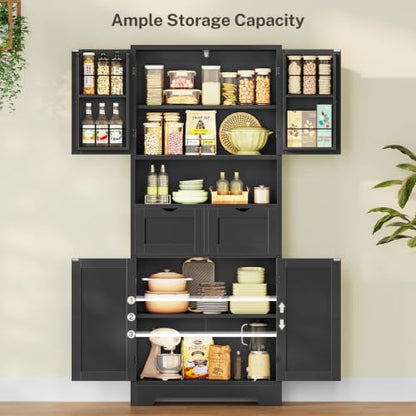 Kitchen Pantry Cabinet with Adjustable Shelf, Tall Storage Cabinet with 2 Drawers & 4 Door Shelves, Food Pantry Cabinets, for Kitchen, Dining Room, Living Room, Black - color: Black