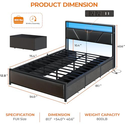 Full Size Bed Frame with Storage Headboard, 6 Drawers, LED&Charging | 2-Tier PU Leather Upholstered Headboard, Charging Station&RGB Lights, No Box Spring Needed, easy assembly, Noise-Free,Black - color: Black, size: Full