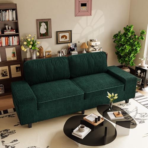 84" Corduroy Loveseat Couch, 3 Seater Retro Sofa with 4 Side Pockets, Removable and Washable Cushions, Mid Century Modern, Living Room, Apartment, Office (Green) - color: Green Corduroy, size: 84 "