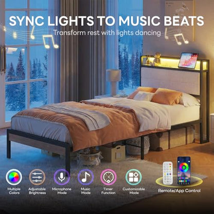 LIKIMIO Twin XL Bed Frame with Headboard, LED Lights and Charging Station | Upholstered sherpa storage headboard with LED & charger; heavy-duty slats; noise-free; modern elegance; natural and cream - color: Natural and Cream, size: Twin XL