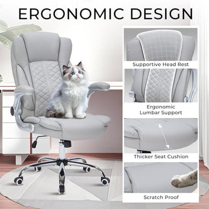 400lbs Executive Office Chair with Flip-Up Armrests, Big and Tall Computer Chair for Heavy People, Heavy Duty Ergonomic Comfy Chair, Breathable PU Leather (Grey) - color: Grey