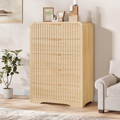 Jocoevol Fluted 5 Drawer Dresser, 43" Tall Dresser Chest of Drawers Curved Profile Design, Wood Mid Century Vertical Dresser Natural Texture for Bedroom, Natural Oak Dresser