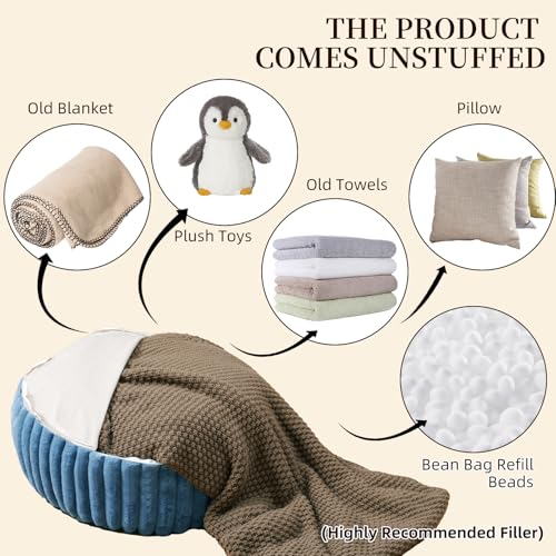 Unstuffed Pouf Ottoman Round Pouf Cover Soft Bean Bag, Blue | Cover Only, 20x20x8 In, Soft Short Plush, Ribbed Texture, Modern Style, Living Room, Bedroom, Reading Nook - color: Blue