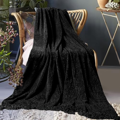 Chenille Throw Blanket for Couch 50" x 60", Black | Soft Cozy Luxury Throws with Fringe Tassel, Living Room Bed Sofa Chair Cover, Lightweight Knitted Boho Blankets Home Decor - color: Black, size: 50x60 inch