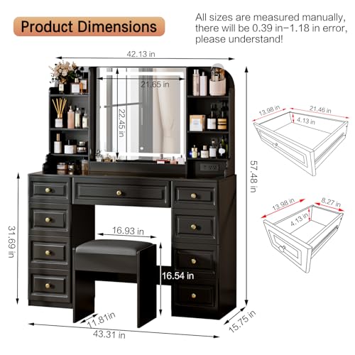 Arulvmrn 43" Makeup Vanity Desk with Mirror and Lights, & Power Outl, Glass Top Big Vanity Table with 9 Drawers& 8 Storage Shelves, Dressing Table Set with Chair for Bedroom, Black - color: Dark