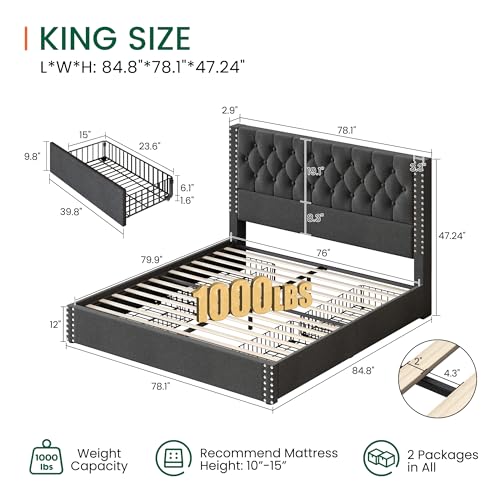 King Size Bed Frame with 4 Storage Drawers and Tufted Headboard Linen Upholstered Platform Bed Frame with Heavy Duty Wood Slats, No Box Spring Needed, Easy Assembly, Grey - color: Dark Grey, size: King