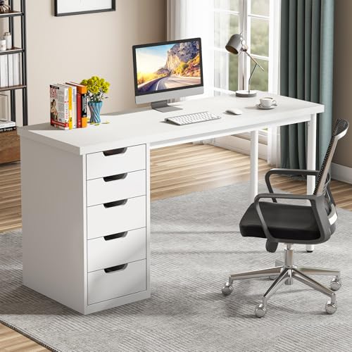 Tribesigns Computer Desk with 5 Drawers, 47 inches Rustic Brown Home Office Desk with Storage, Modern Simple Laptop Desk Study Writing Table for Small Spaces (1, White) - color: White