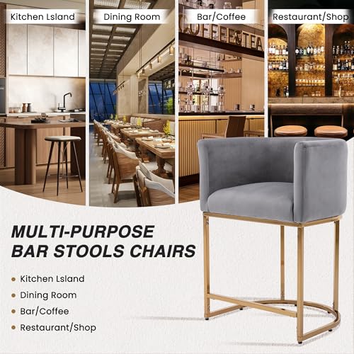 HNY Modern Counter Height Velvet Fabric Upholstered Counter Stools Set of 2, 24 Inch Kitchen Island Stool with Gold Finish Metal Frame, Grey - color: 24inch ,Grey,gold Base