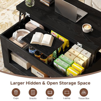 UNIQUITE 40" Lift Top Coffee Table, 4 in 1 Multi-Function Lift Coffee Tables with Storage and Hidden Compartment, Convertible Coffee Table to Dining Table for Living Room, Black - color: Black