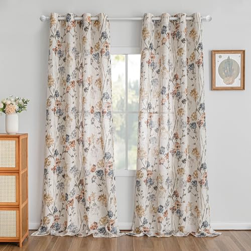 MYSKY HOME Long Floral Curtains for Living Room Bedroom Linen Semi Sheer Light Filtering Privacy Protect Drapes Flower Print Farmhouse Soft Touch for Dining Room, Yellow, W52 X L102, Pack-2 - color: A-yellow, size: 52"W x 102"L (Pack of 2)