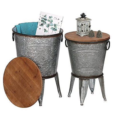 RUSTOWN Farmhouse Side Tables Set of 2, Galvanized Metal Bucket End Table | Storage Metal Bin with Round Wooden Lid, Accent Side Table, Rustic Antique Cocktail Table for Living Room, Bedroom, Outdoor - color: Galvanized