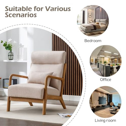 Mid Century Modern Accent Chair with High Back, Upholstered Living Room Chairs with Waist Cushion, Wood Frame Reading Armchair for Bedroom Sunroom, Beige - color: Beige