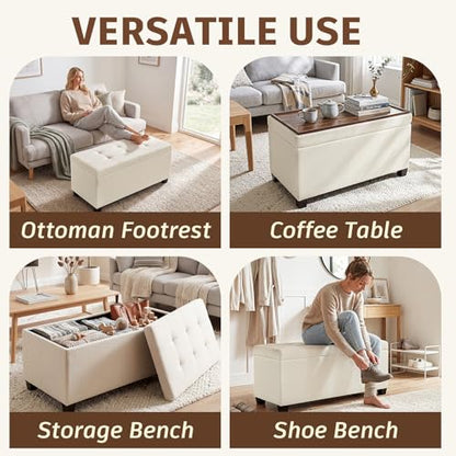 29.5" Cream White Linen Storage Ottoman with Reversible Tray | Upholstered Ottoman Coffee Table with Hidden Storage, Linen Foot Rest Ottoman for Living Room, Bedroom and Entryway - color: Beige