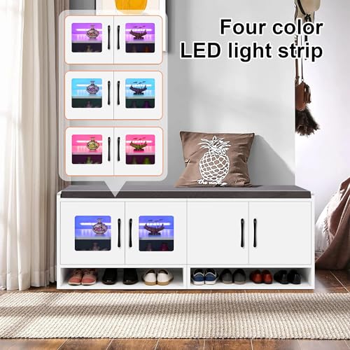 Shoe Bench with Thickened Cushion,Entrance Bench with Glass Door and Ambient Light,Three-Layer Shoe Rack,Color Changing Light Strip, Two Large Storage Spaces,Living Room,Bedroom,White
