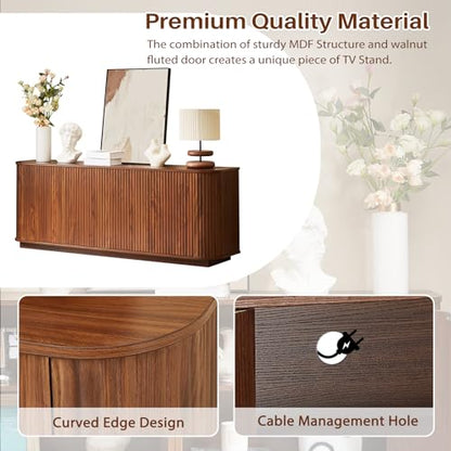 Fluted TV Stand for TVs Up to 75 Inch, Walnut Mid Century Modern TV Console for Living Room, Entertainment Center with Storage, Wood Media Console Cabinet - color: Walnut