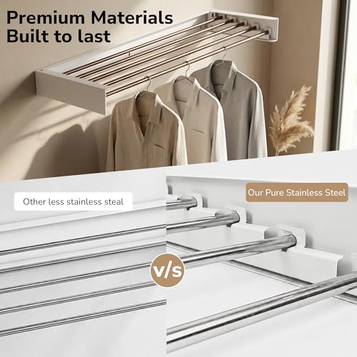 Wall Mounted Clothes Drying Rack Collapsible, Pure Stainless Steel Folding Laundry Drying Rack for Indoor Outdoor Use, Heavy Duty Wall Mounted Clothes Rack White