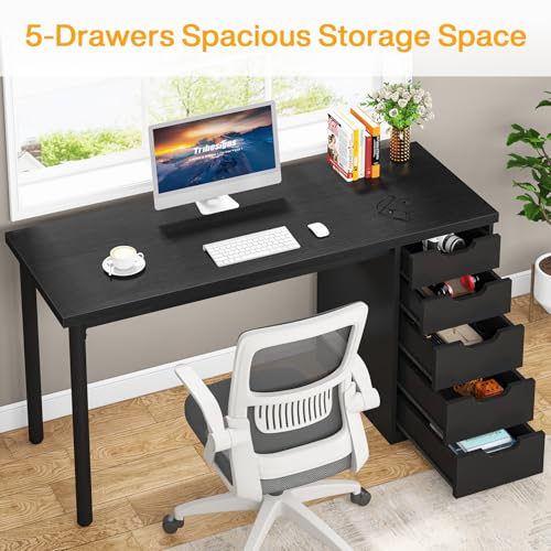 Tribesigns Computer Desk with 5 Drawers, 47 inches Rustic Brown Home Office Desk with Storage, Modern Simple Laptop Desk Study Writing Table for Small Spaces (1, Black) - color: Black