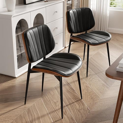 Dining Chairs Set of 2, Mid Century Modern Dining Room Chair, Upholstered Faux Leather Kitchen Chairs with Walnut Bentwood Back and Metal Legs for Kitchen Dining Room Living Room, Black - color: Black, size: Set of 2