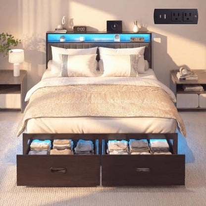 Queen Bed Frame with 2 Drawers, Platform Bed Frame with LED Lights and Charging Station, Upholstered Headboard, Heavy Duty Metal Slats, No Box Spring Needed, Noise Free, Easy Assembly - size: Queen, style: Fashion