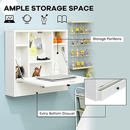 Tangkula Wall Mounted Desk, Pneumatic Floating Laptop Desk with Magnetic Foldable Tabletop, Space Saving Wall Mounted Table Wall Desk with Storage Drawer and Shelves (White) - color: White