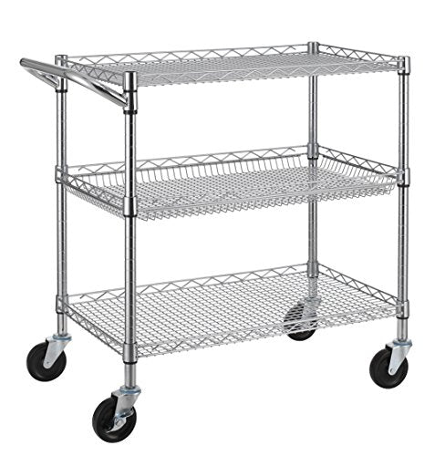 Finnhomy 3 Tier Heavy Duty Commercial Grade Utility Cart, Wire Rolling Cart with Handle Bar, Steel Service Cart with Wheels, Utility Shelf Plant Display Shelf Food Storage Trolley, NSF Listed - size: 30"L x 18"W x 32.4"H-3 Tier, style: Chrome Cart